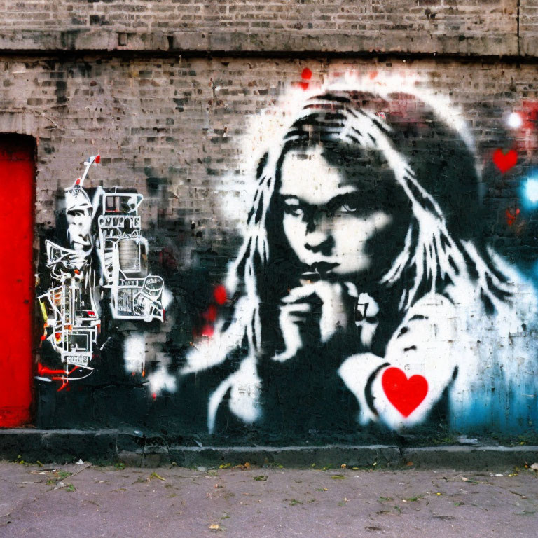 Mural featuring girl with secretive gesture and robot holding heart on brick wall