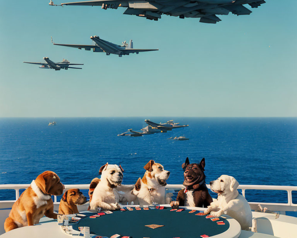 Dogs Playing Poker on Ship with Fighter Jets in Blue Sky