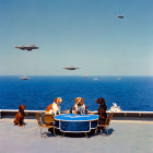 Dogs Playing Poker on Ship with Fighter Jets in Blue Sky