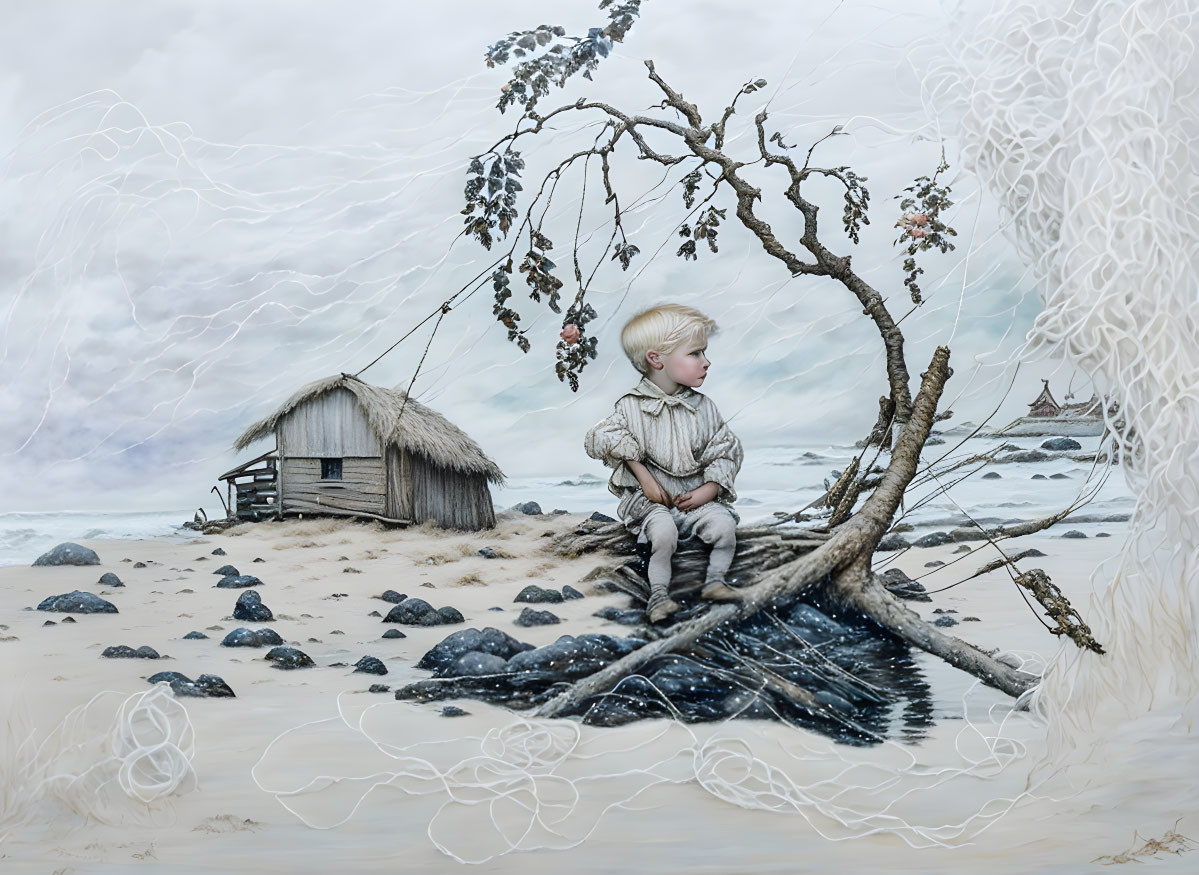 Child on gnarled tree over starry sea void with hut, ship, and white patterns.