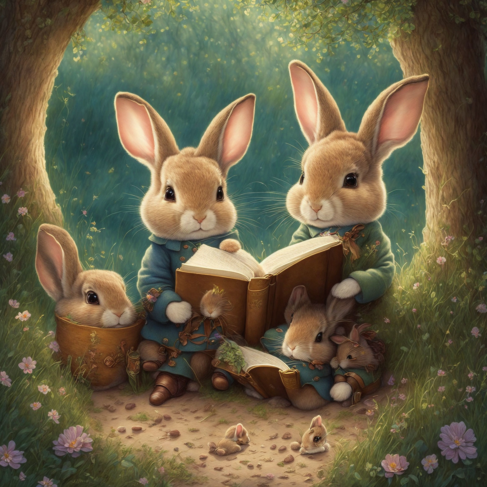 Anthropomorphic rabbits reading book in forest glade with baby rabbits.