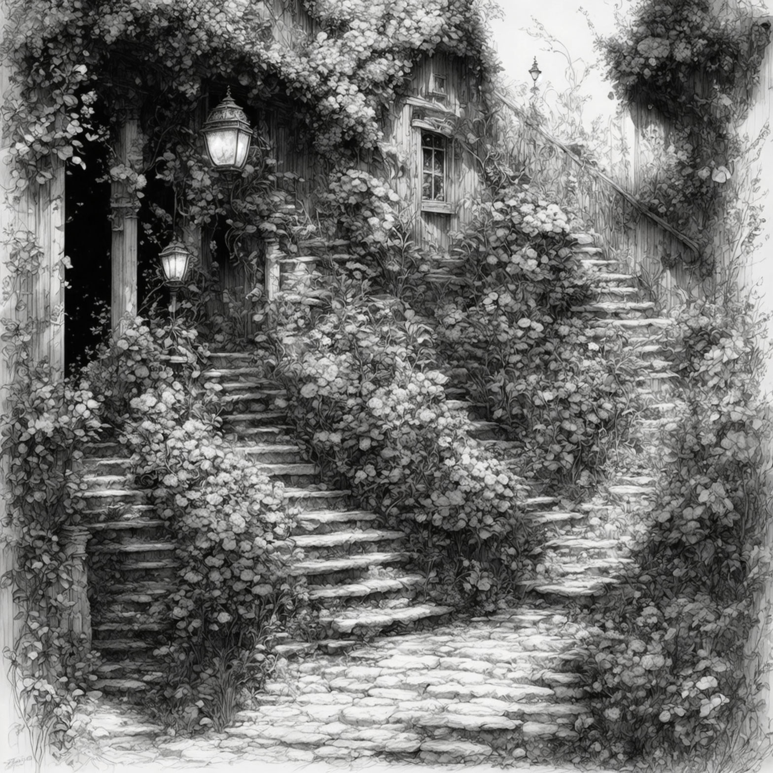 Monochrome illustration of overgrown garden with stone steps and ivy-covered house.