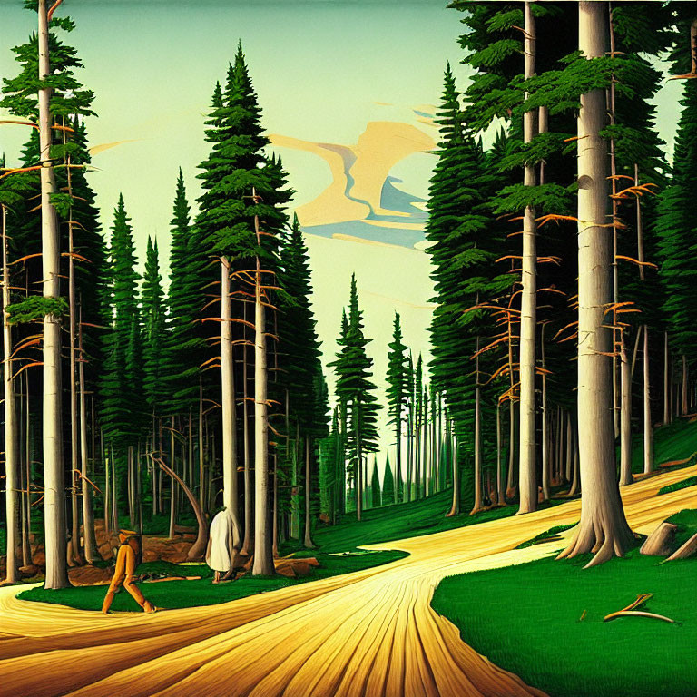 Illustrated forest with tall trees and surreal figure blending into trunk