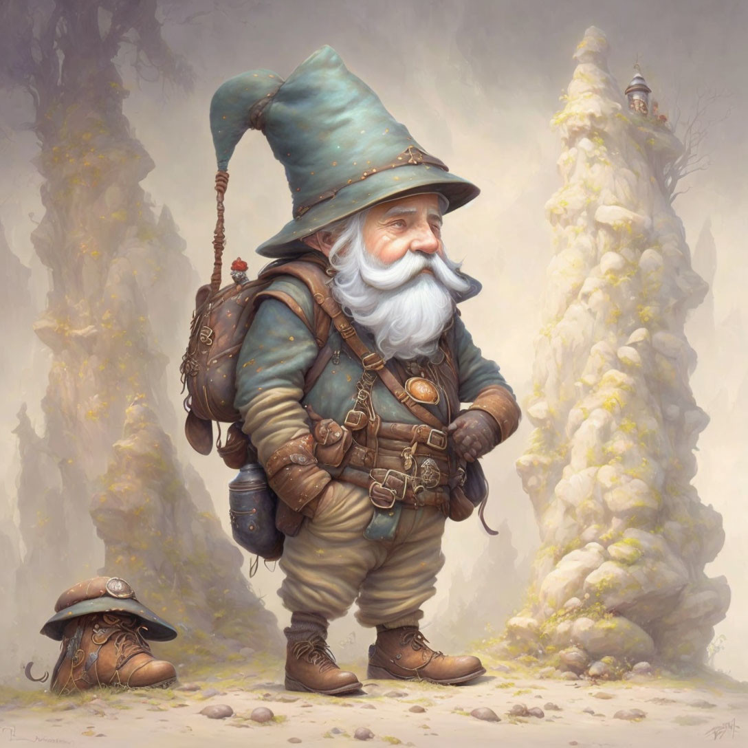 Whimsical bearded gnome with green hat and mushroom beside tower