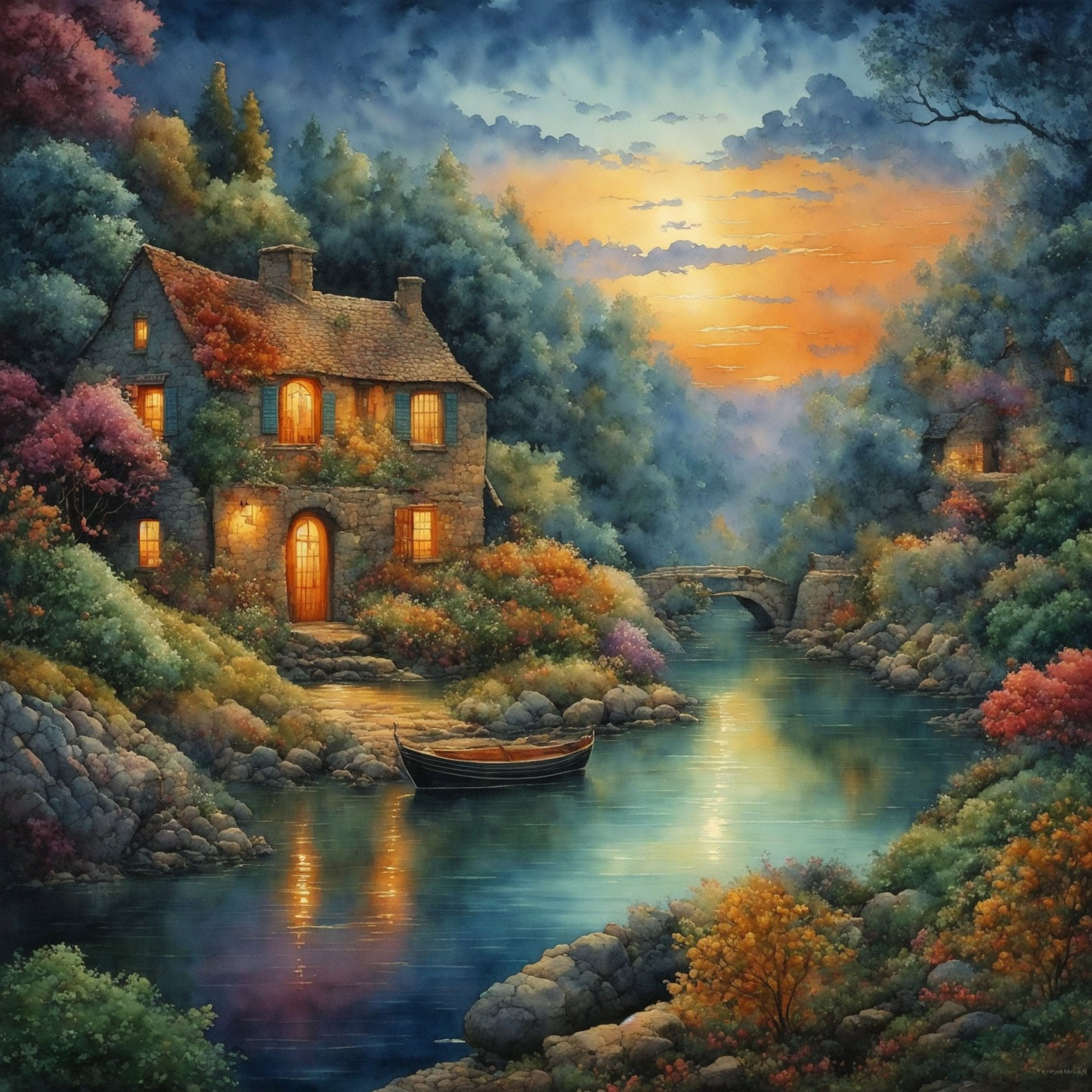 Tranquil sunset painting of cottage by river with colorful foliage