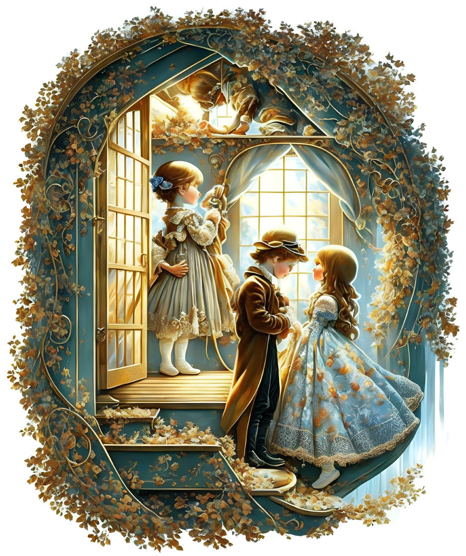 Detailed illustration of three children in vintage clothing on a balcony with golden leaves and whimsical decor