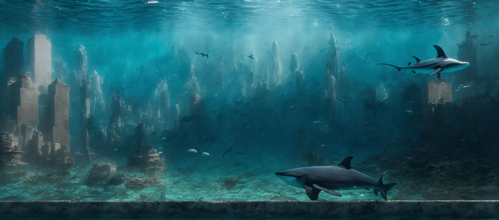 Submerged cityscape with sharks and fish among ruins.