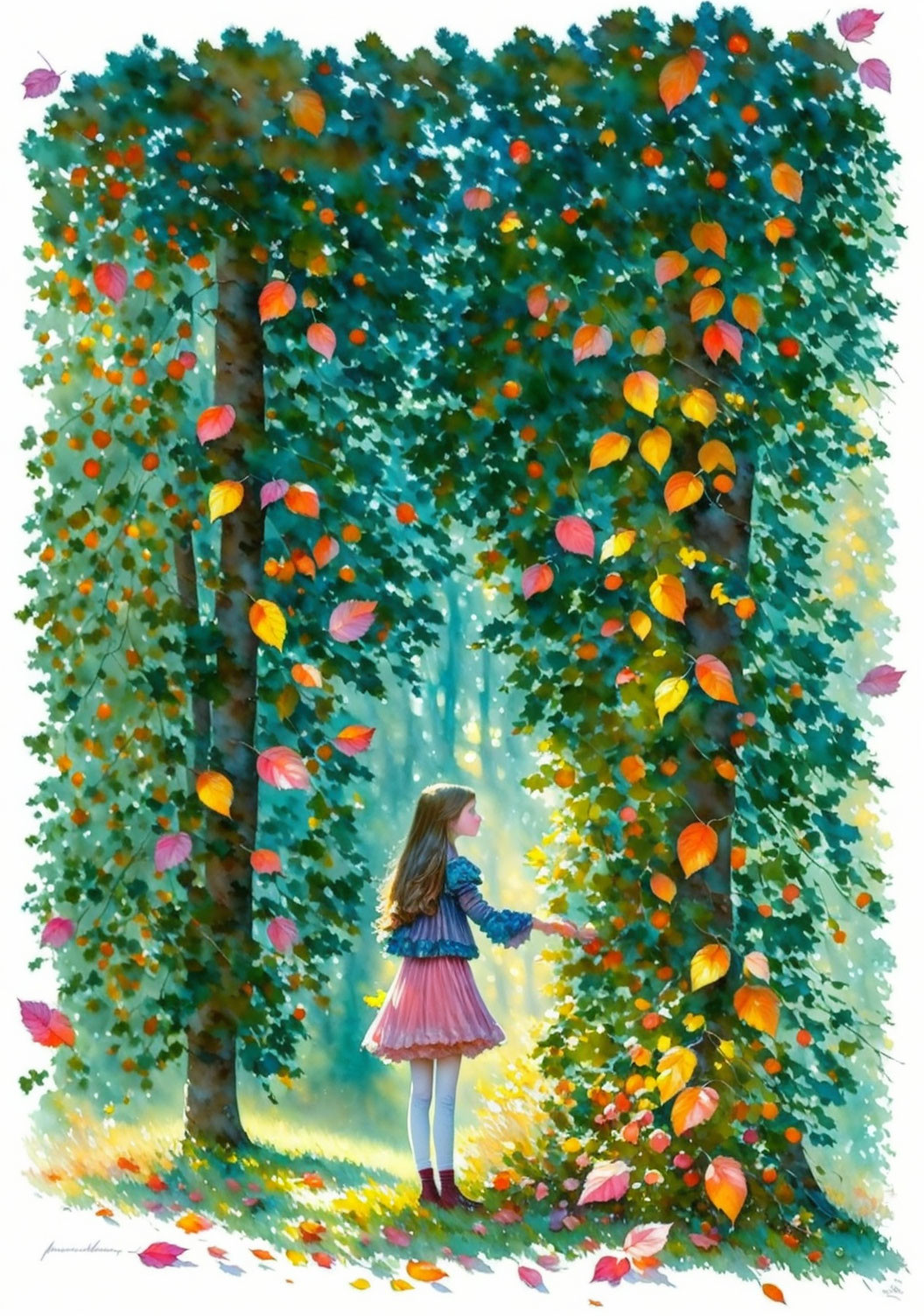 Girl in Pink Dress in Sunlit Forest with Colorful Leaves