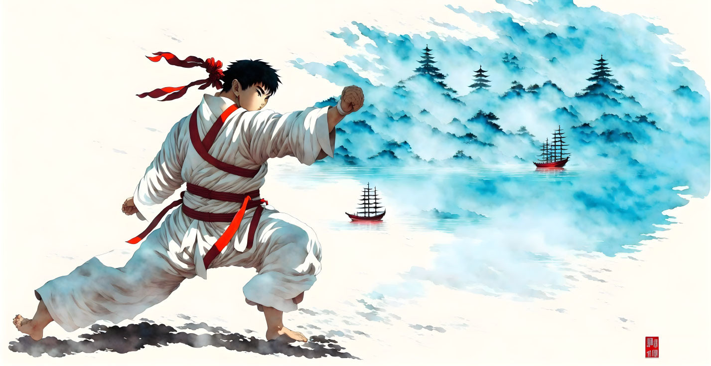 Martial artist in white gi with red belt punches near sailboats and pine trees