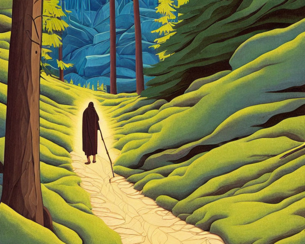 Cloaked Figure Walking in Vibrant Forest Landscape