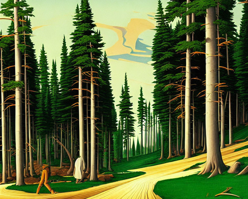Illustrated forest with tall trees and surreal figure blending into trunk