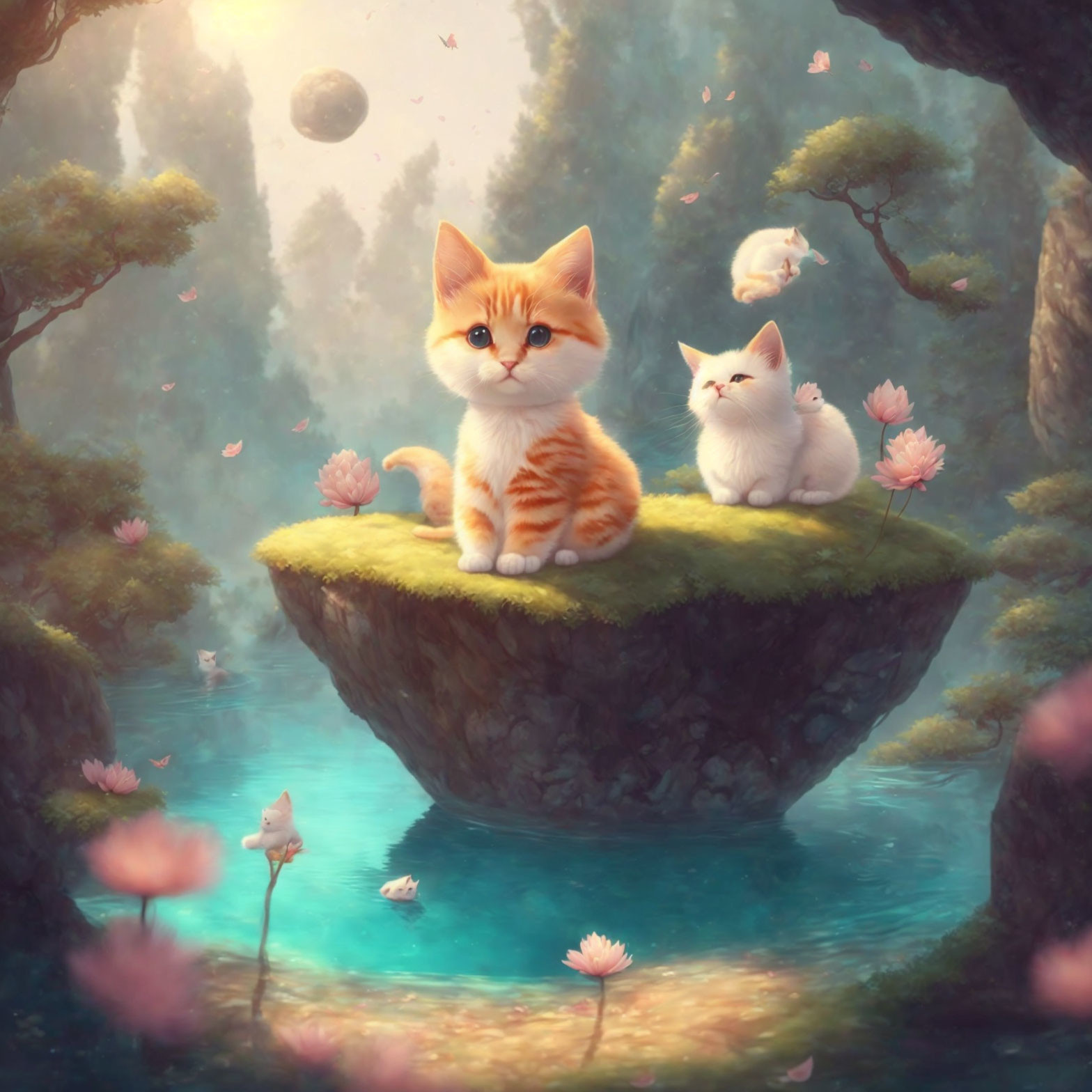 Adorable Kittens on Floating Island with Pink Flowers