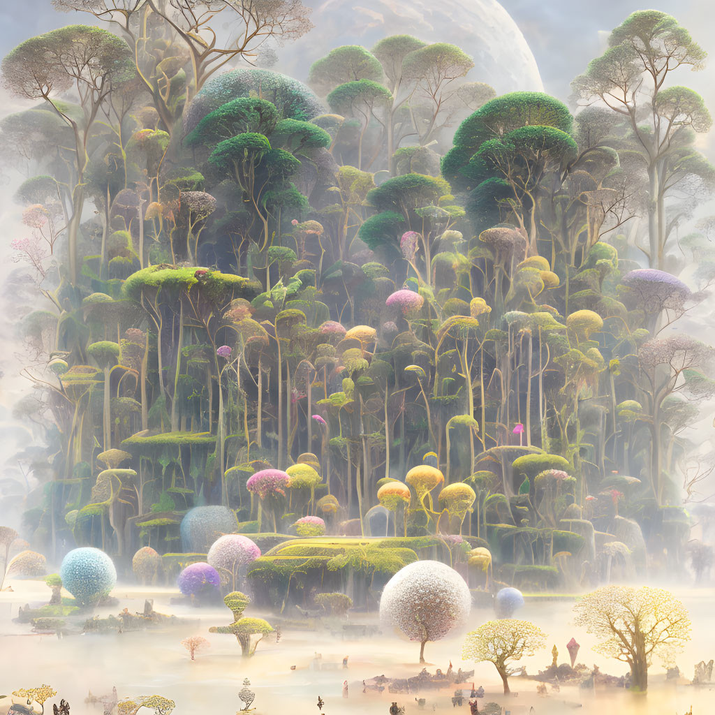 Colorful Trees and Glowing Orbs in Mystical Landscape