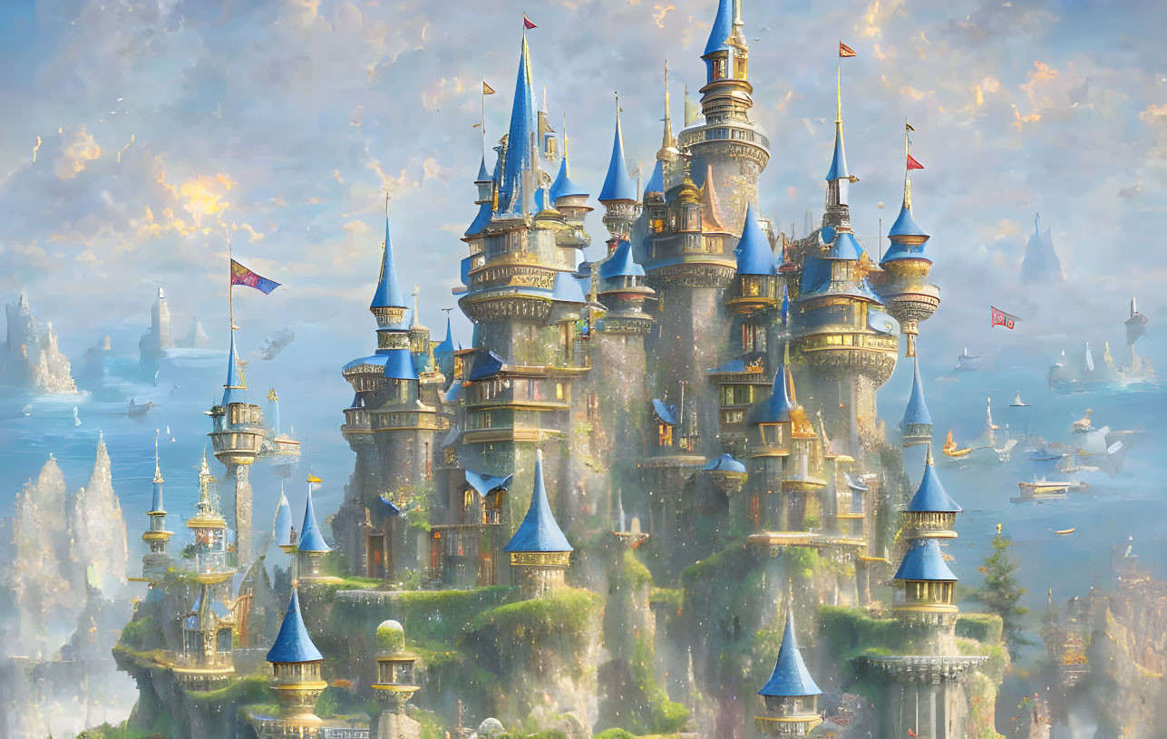 Majestic castle with spires and airships in dreamy sky