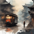 Traditional East Asian Pagoda Buildings in Rainy Scene