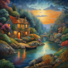 Tranquil sunset painting of cottage by river with colorful foliage