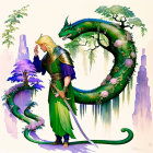 Blonde elf in green and gold armor with green dragon in a pastel setting