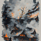 Dark castle engulfed in flames with lone figure on horseback in smoky sky