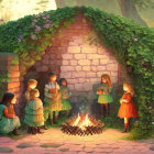 Seven elf-like characters in magical forest around bonfire by stone house