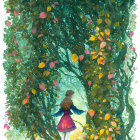 Girl in Pink Dress in Sunlit Forest with Colorful Leaves