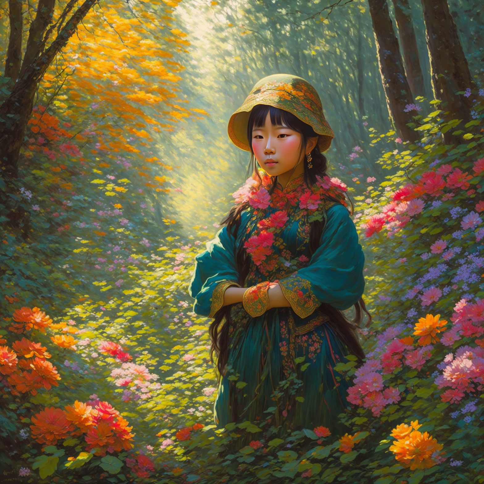 Young girl in traditional attire in vibrant, sunlit forest