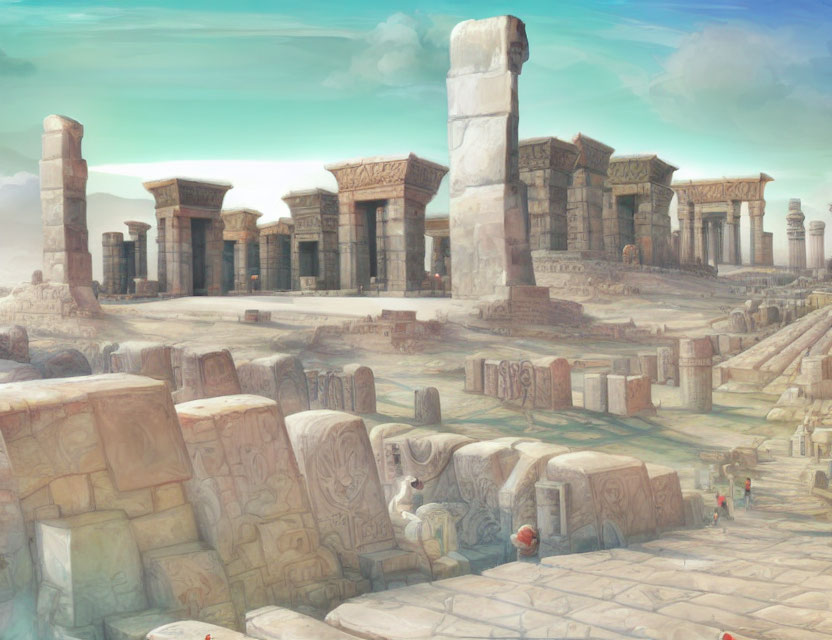 Ancient city ruins and columns under soft cloudy sky