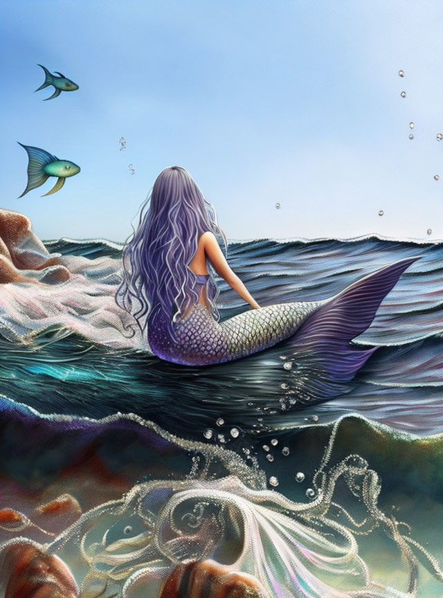 Purple-haired mermaid on rock gazes at fish in serene sea scene