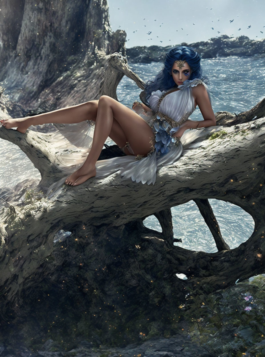 Blue-haired person in fantasy outfit on sea tree branch