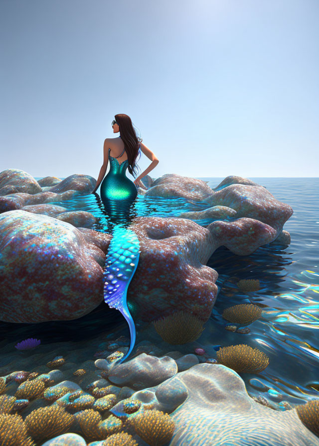 Shimmering blue tail mermaid sitting on rock by calm sea