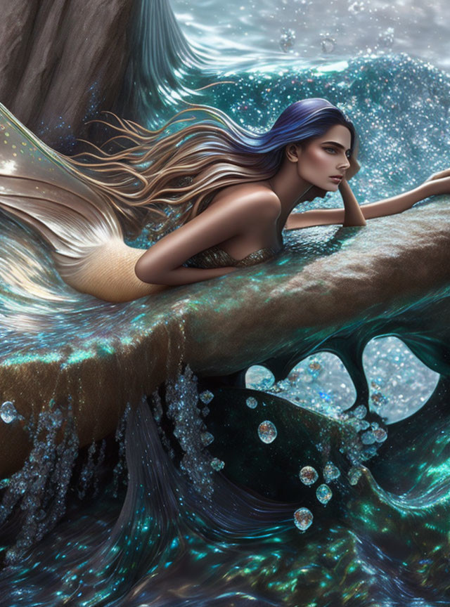 Mermaid with Long Flowing Hair on Rock in Sparkling Ocean