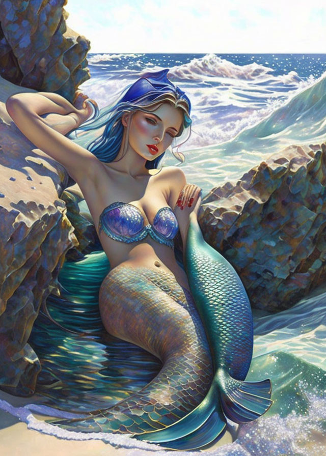 Blue-haired mermaid on rocky shore with shimmering tail and crashing waves