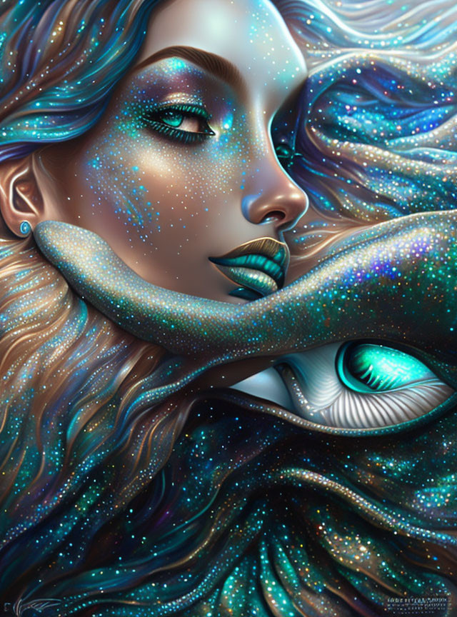 Cosmic-themed digital artwork of a woman's face with vibrant colors and starry skin texture