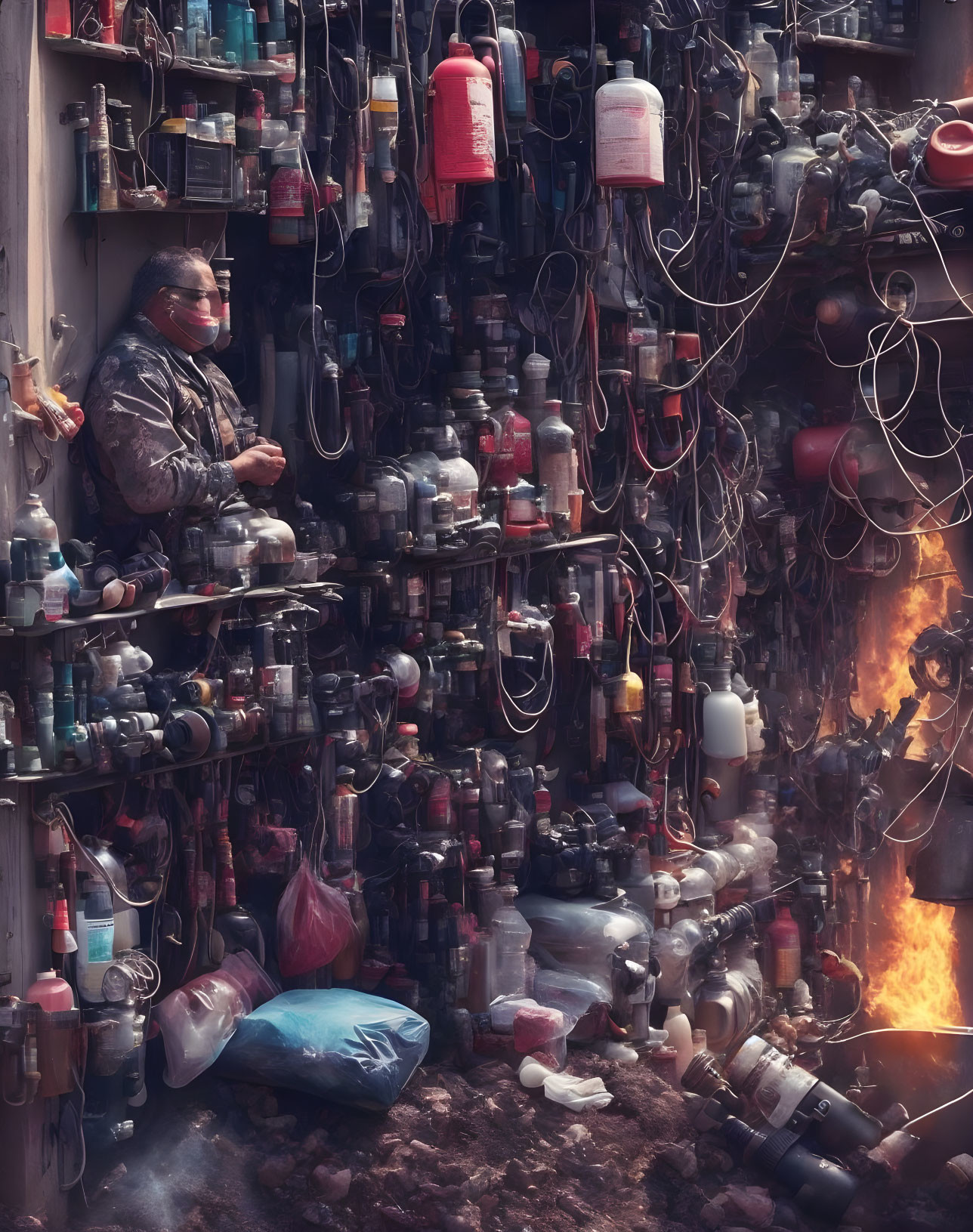 Person in cluttered room with fire and extinguishers