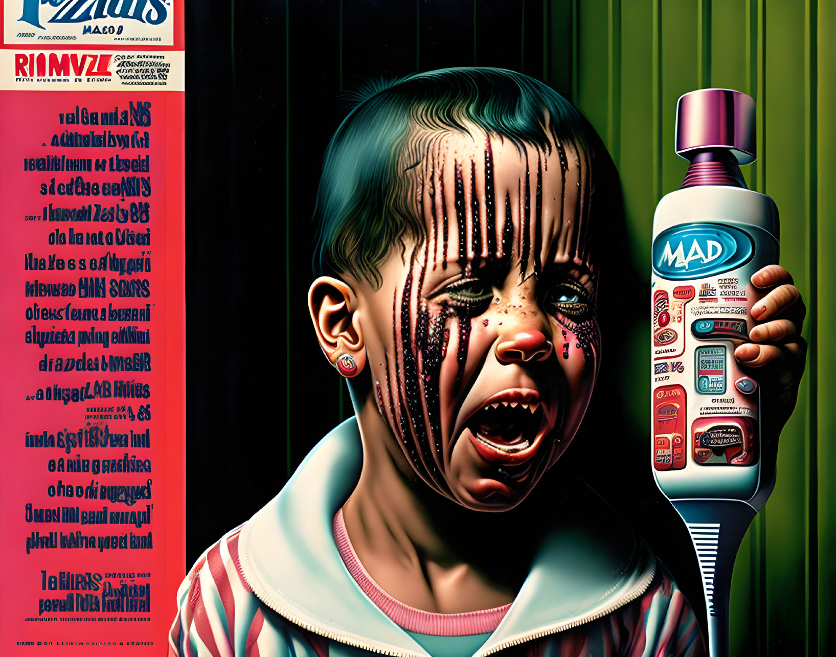 Hyper-realistic illustration of a crying child with spilled "MAD" bottle.