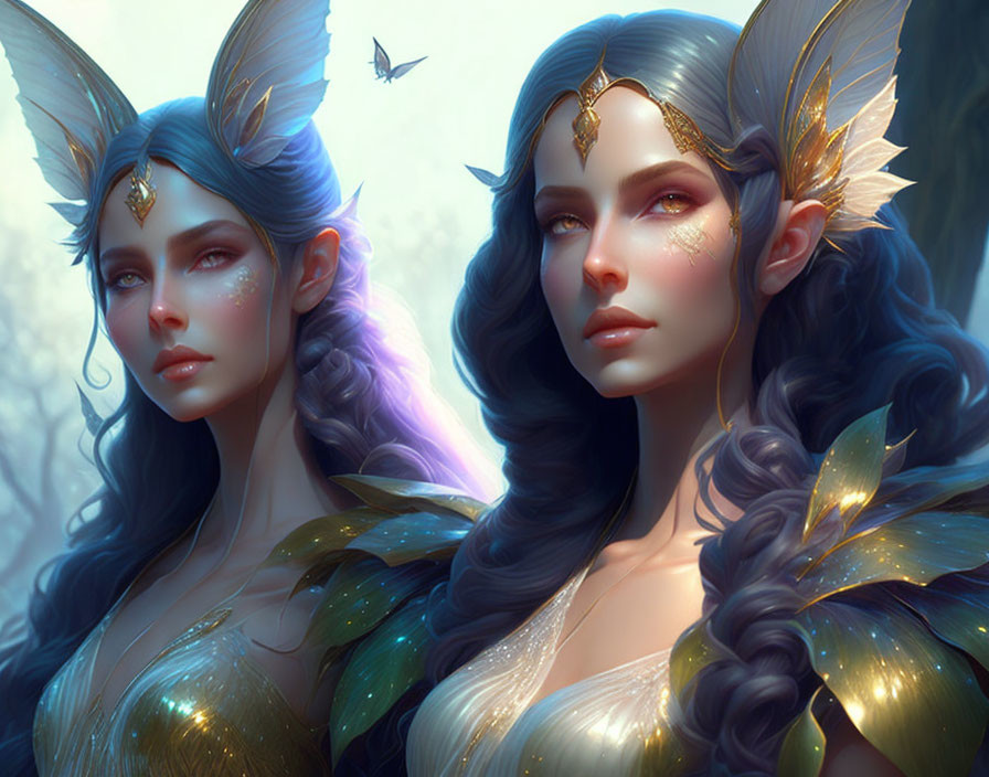 Ethereal female figures with pointy ears, blue hair, and gold adornments in dreamy