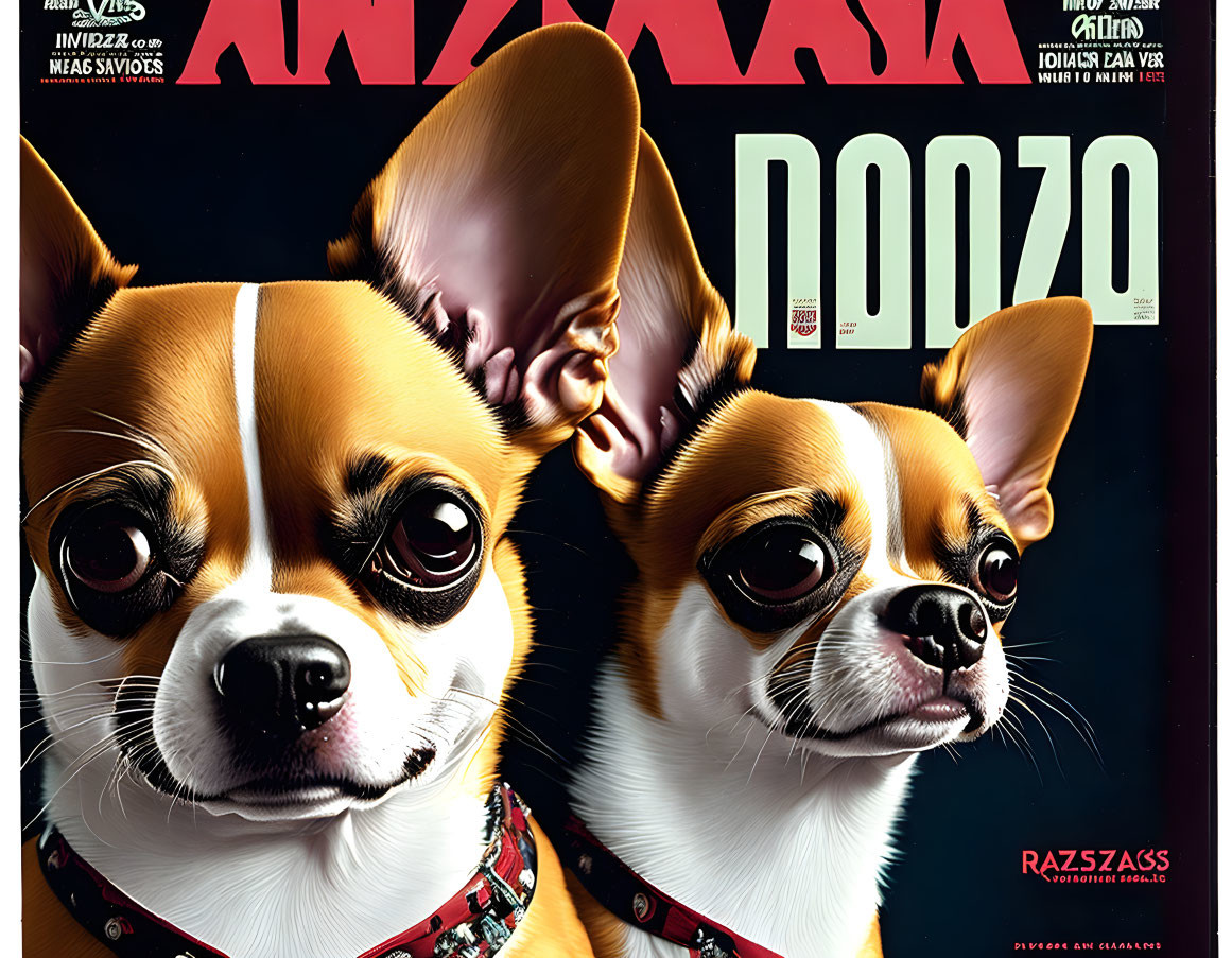 Stylized portrait of two Chihuahuas in collars with foreign language text overlay