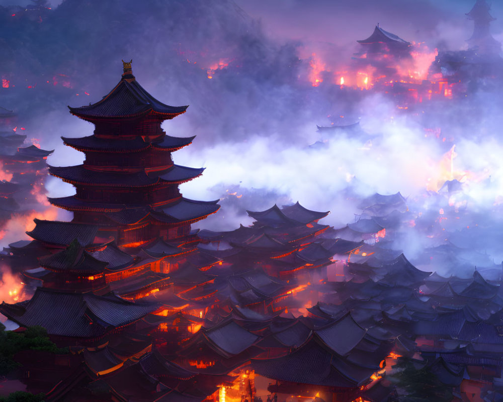 Ancient Asian town with tiered pagodas, red lanterns, fog, and mountain backdrop