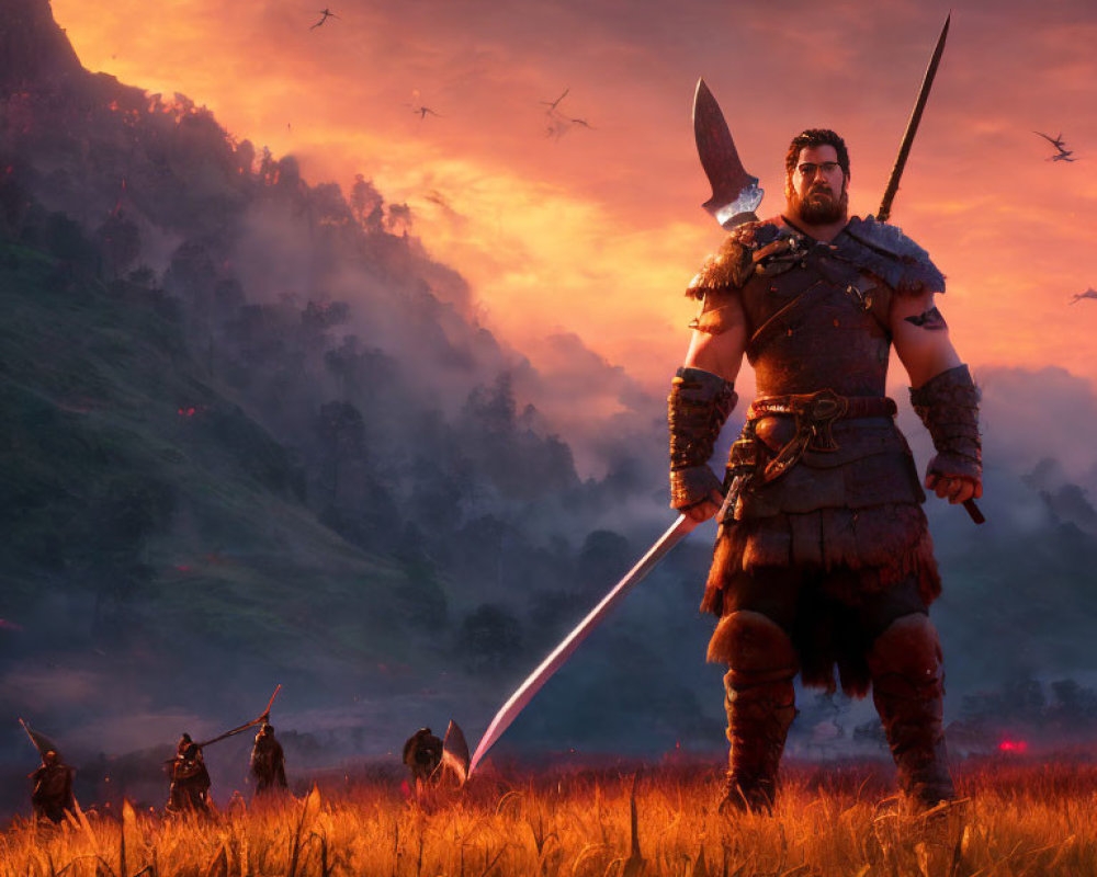 Warrior with sword in sunset field amidst soldiers and flying arrows