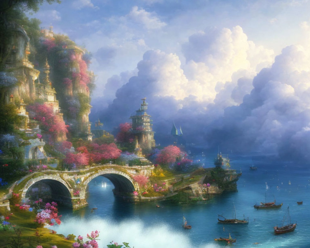 Tranquil Fantasy Landscape with Stone Bridge and Vibrant Flora