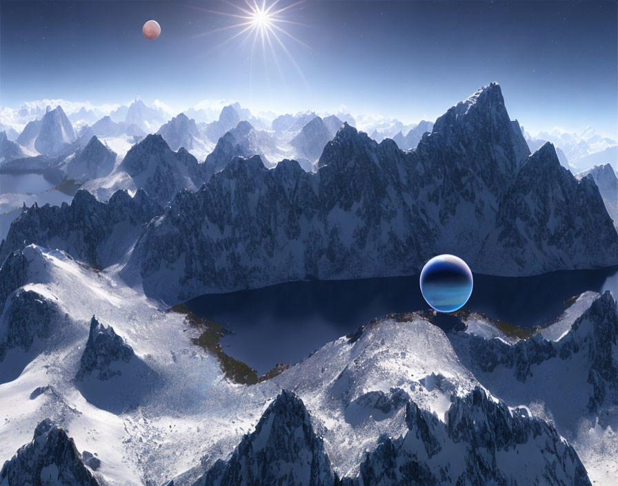 Snowy mountain landscape with sun, reflective sphere, and distant planet in clear sky