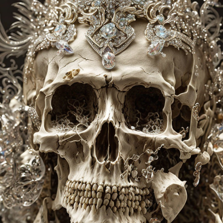 Jewel-encrusted skull with metal filigree and crystals on dark background