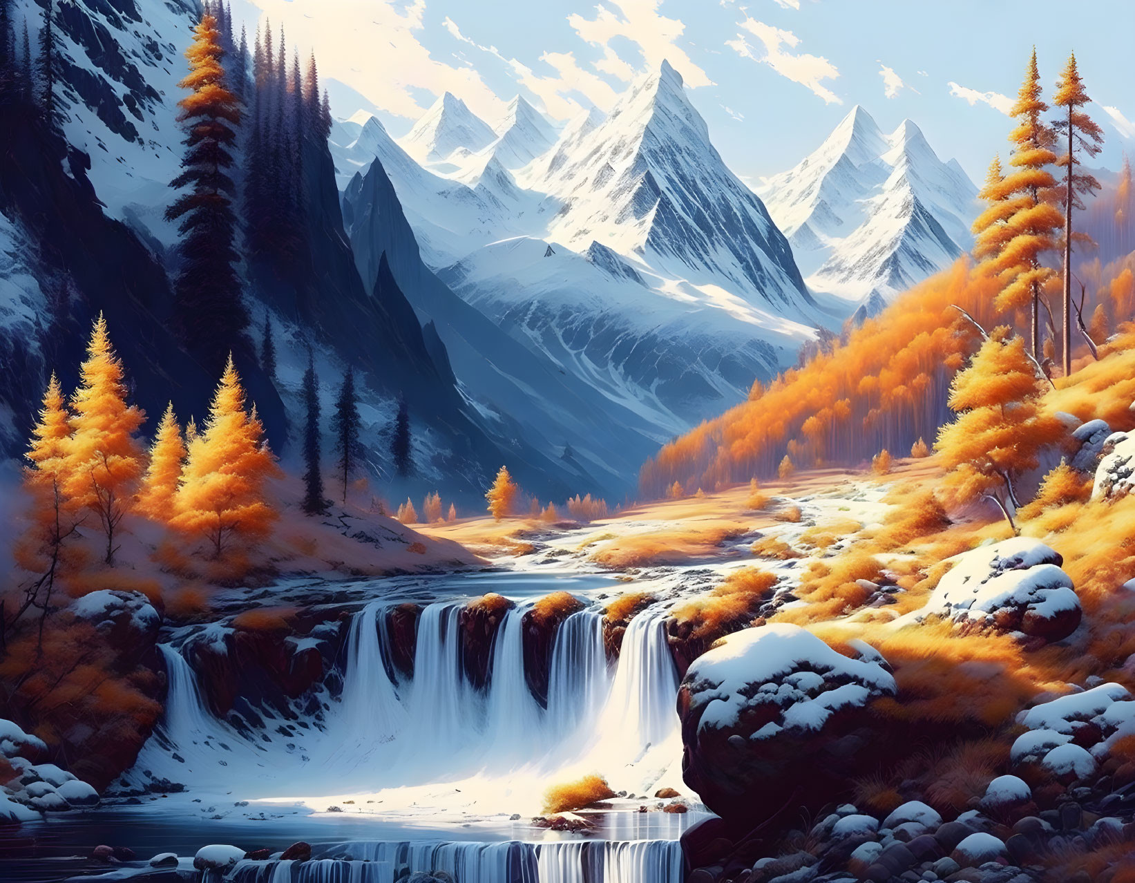 Vibrant autumn landscape with orange trees, waterfall, snowy peaks, and blue sky