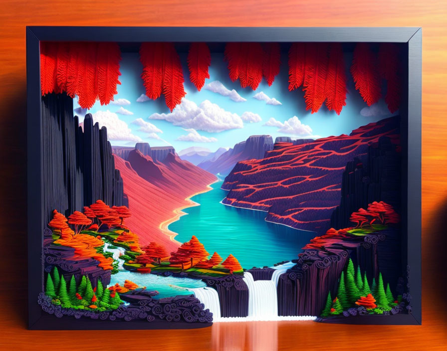 Colorful Canyon Landscape Paper Art Diorama in Shadow Box Frame