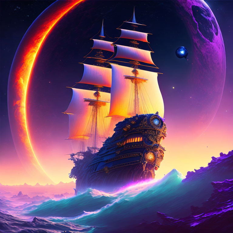 Sailing ship on cosmic sea with planets and glowing ringed celestial body