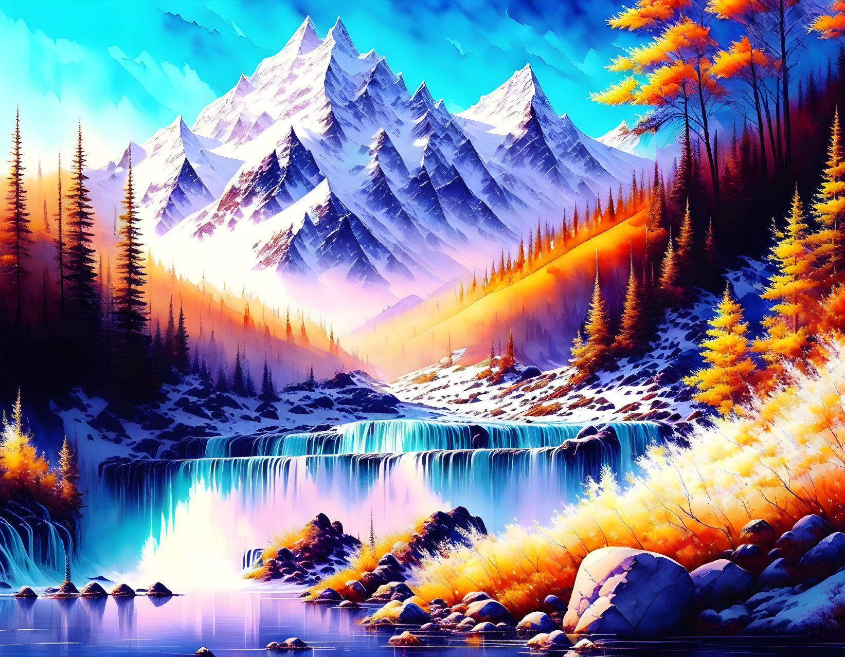 Scenic landscape with waterfall, autumn trees, snowy peaks, and river