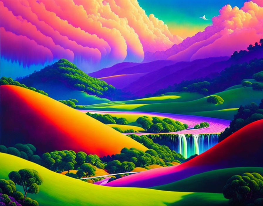 Colorful landscape with hills, river, waterfall, and whimsical sky