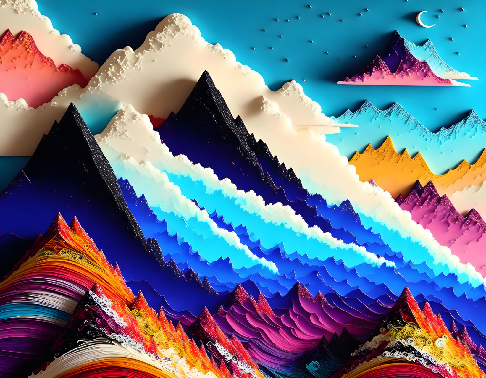 Colorful digital artwork: Stylized multicolored mountains, surreal texture, blue background, birds