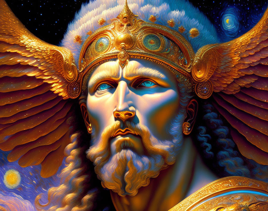 Armored male figure with winged helmet in cosmic setting.