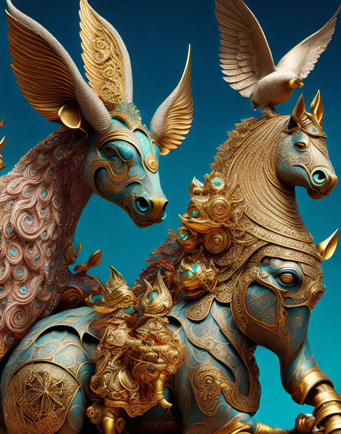 Sculpted animal figures with intricate patterns in bronze on blue background