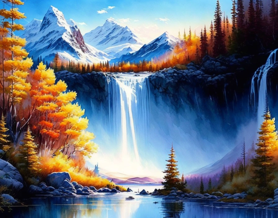 Scenic landscape with waterfall, river, autumn trees, mountains